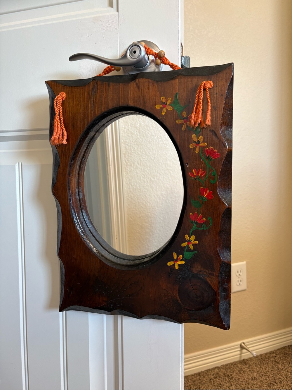 Vintage Folk Hand-Painted Brown Wooden Wall Mirror 11”x15”